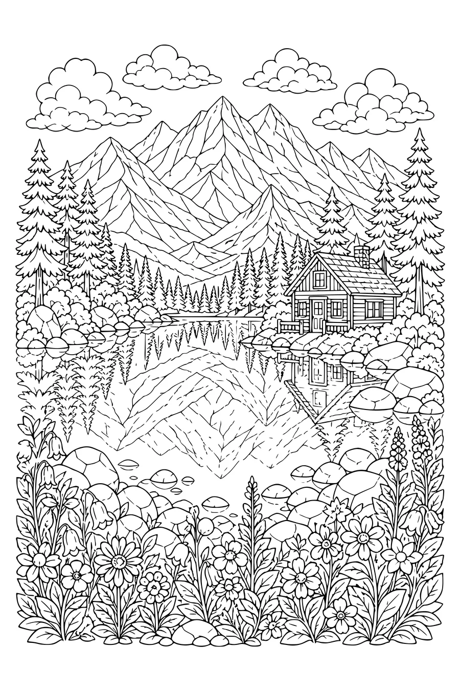Free printable coloring page of mountain lake with cabin and pines