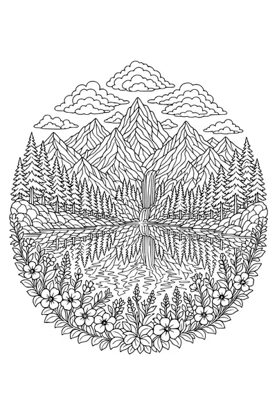 Intricate adult landscape coloring page of a mountain lake with pine trees