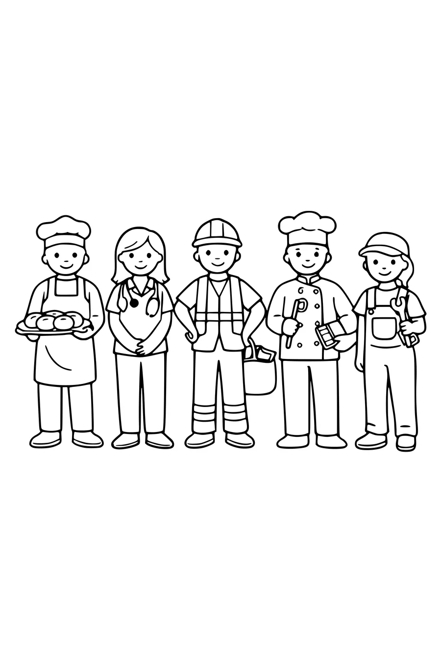 Coloring page of six people in different work clothes standing in a row