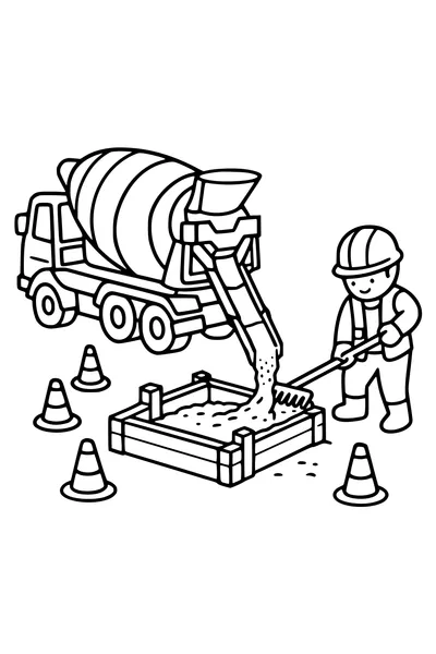 Coloring page of a concrete mixer truck pouring into a form