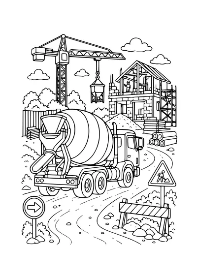 concrete mixer driving to the building site coloring page