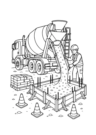 concrete mixer pouring on the building site coloring page