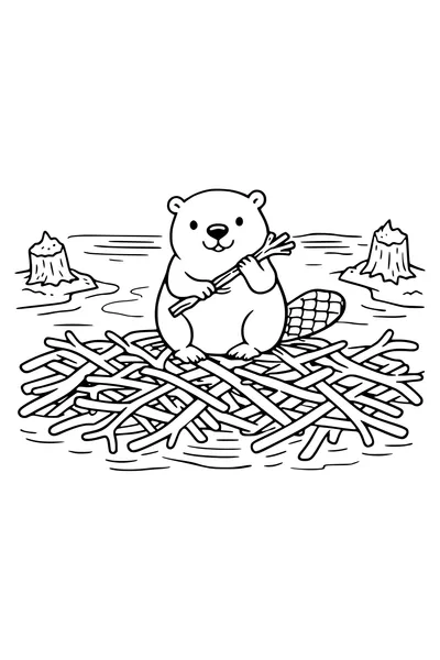 Coloring page of a beaver sitting on a dam of branches