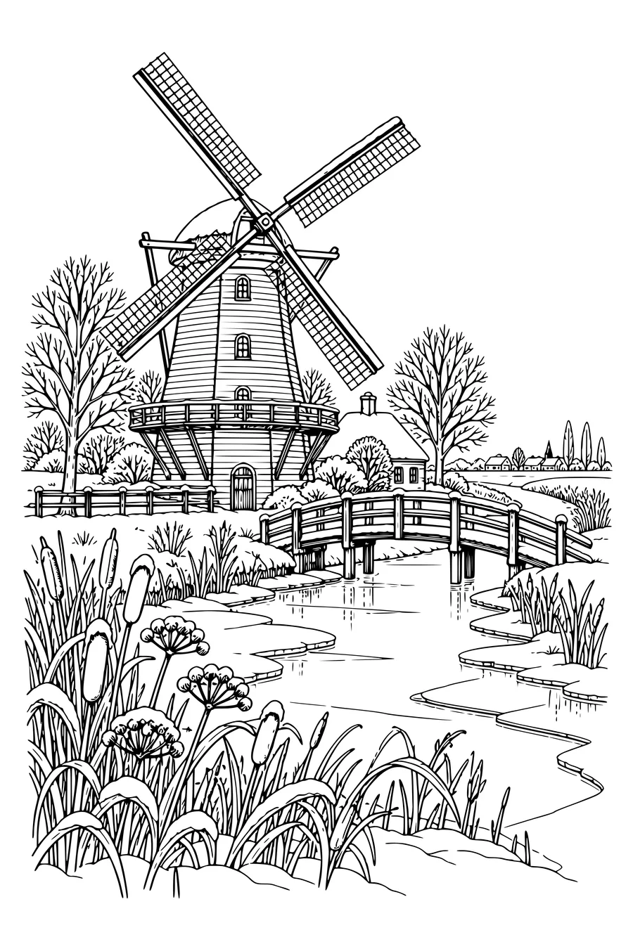 A detailed winter polder windmill stands beside a canal edged with frozen reeds, seed heads, thin ice shelves and a small footbridge.