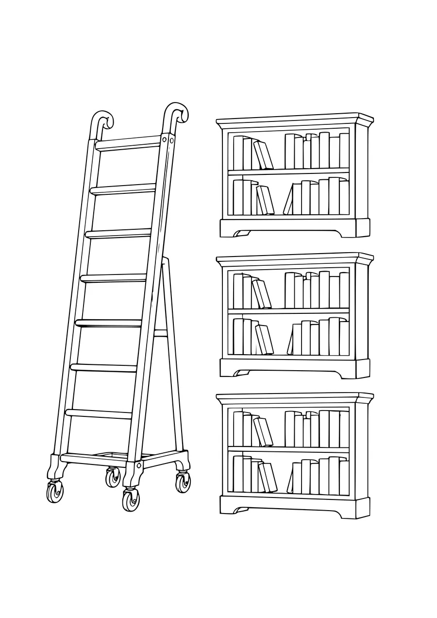 Coloring page of a librarian on a ladder among tall bookshelves