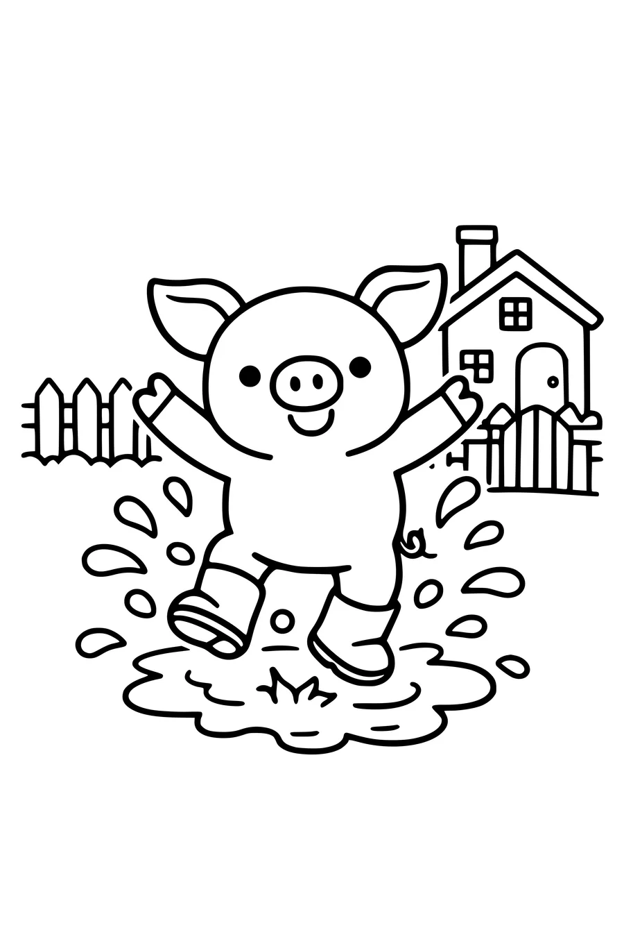 Coloring page of a piglet in wellies jumping in a muddy puddle