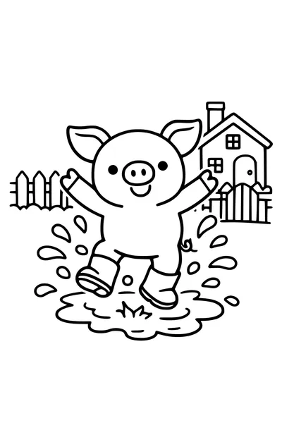 Coloring page of a piglet in wellies jumping in a muddy puddle