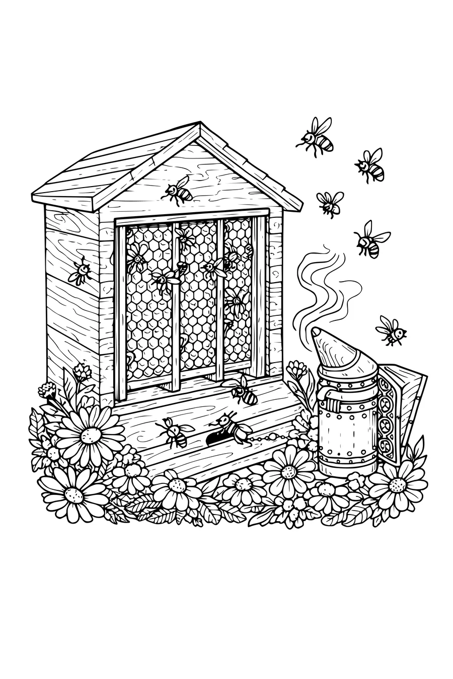 Coloring page of a cutaway beehive with honeycomb frames and bees