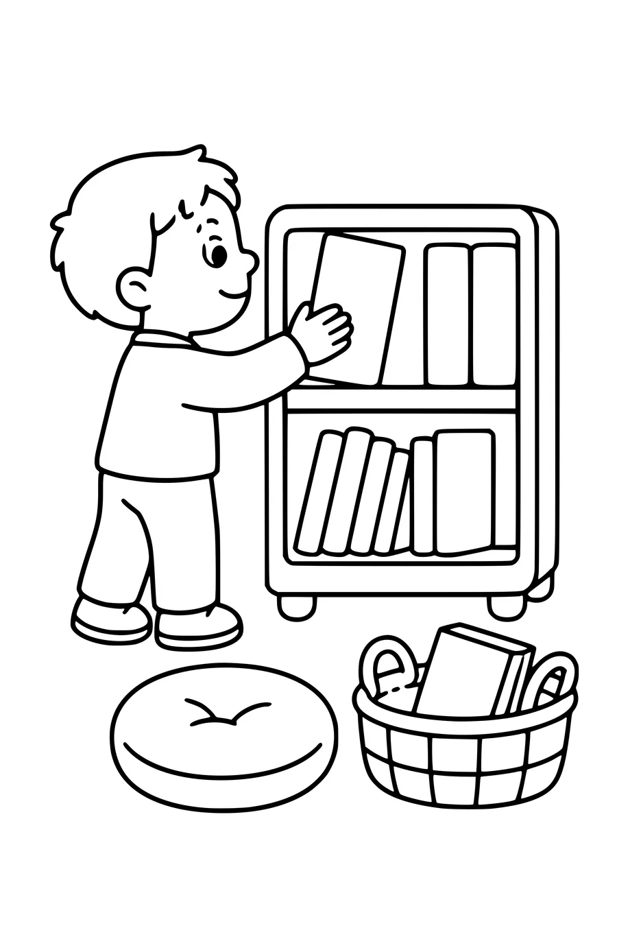Gratis printbare school kleurplaat van boek kiezen in de schoolbibliotheek in de klas