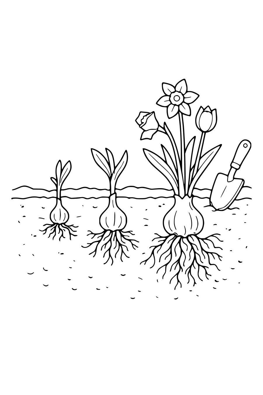 Coloring page of bulbs sprouting shown in cross-section