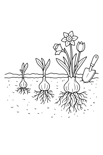 Coloring page of bulbs sprouting shown in cross-section