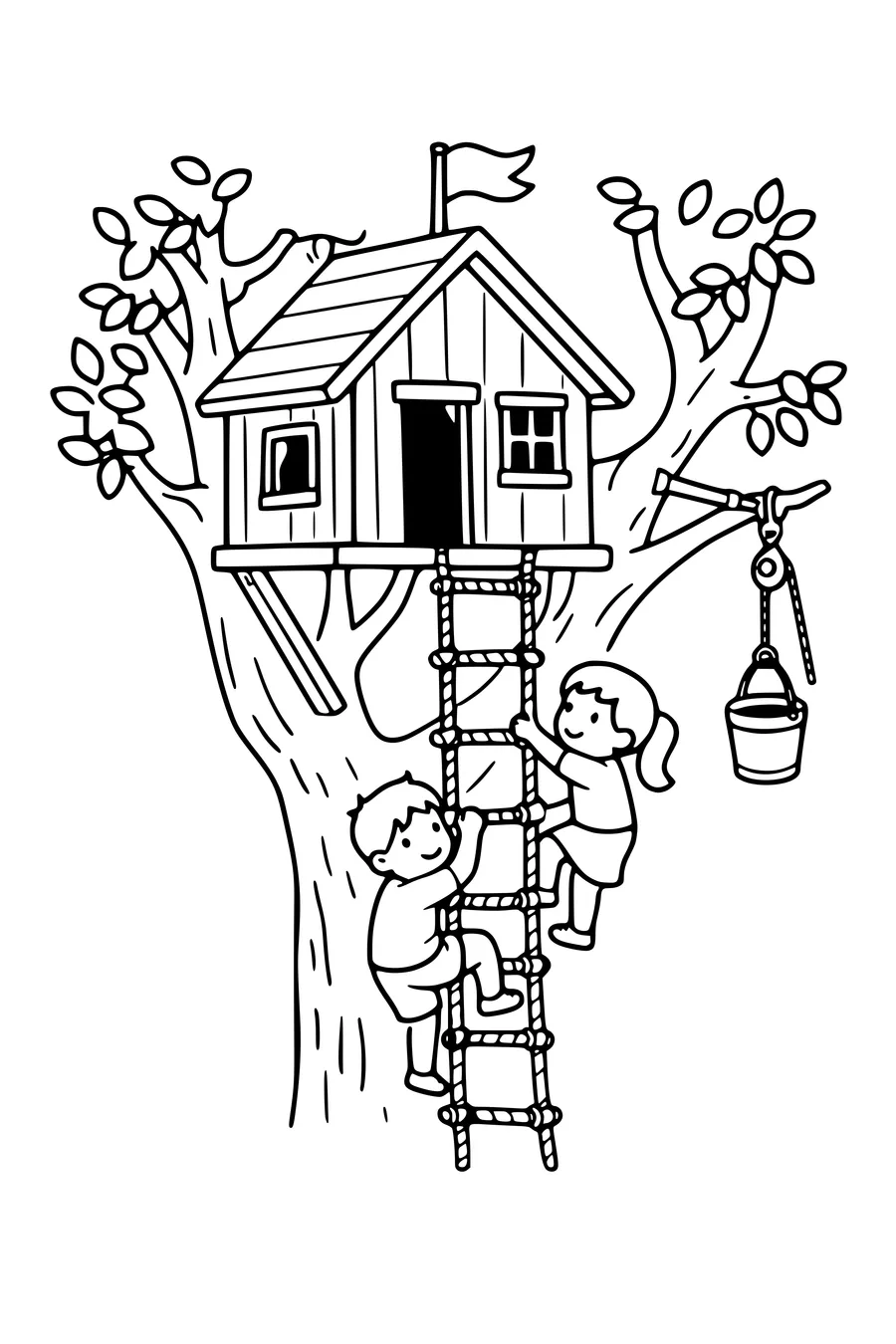 Coloring page of a treehouse with a rope ladder and a flag