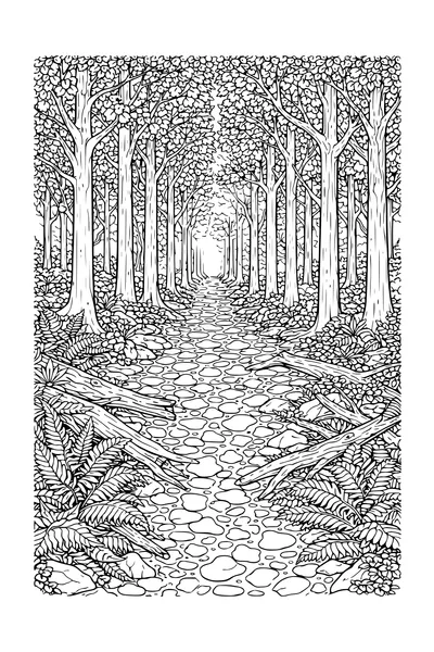 Coloring page of a forest path receding between trees