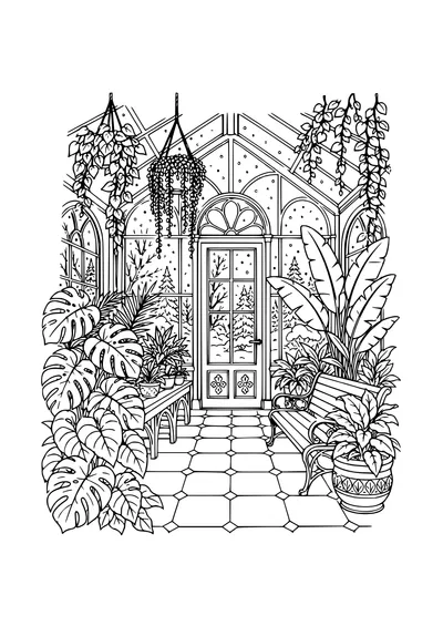 Difficult adult coloring page: botanical greenhouse in winter