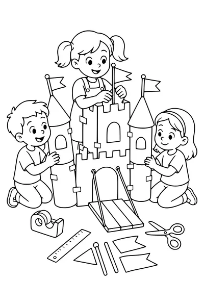 Malvorlage Bauen mit Karton in der Klasse