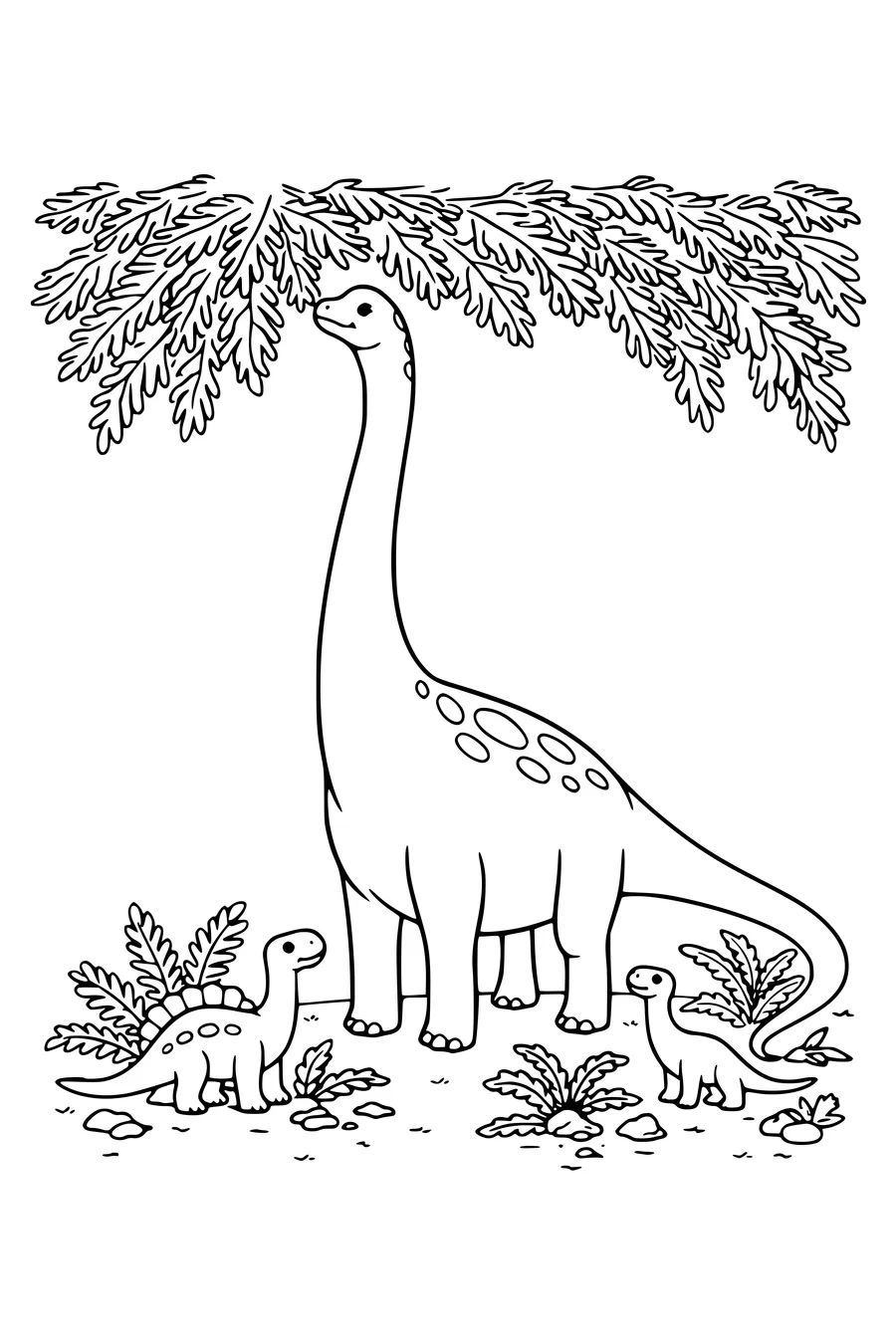Kleurplaat van een brachiosaurus die tot in een hoge naaldboom reikt