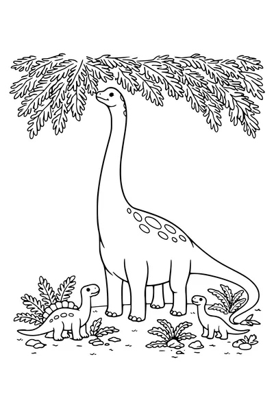 Coloring page of a brachiosaurus reaching into a tall conifer