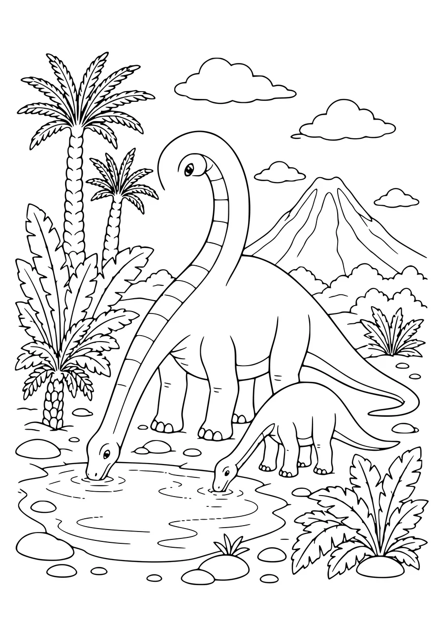 Gratis printbare kleurplaat van brachiosaurusfamilie bij het water
