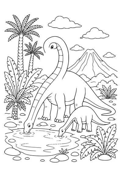 Free printable coloring page of brachiosaurus family by the water