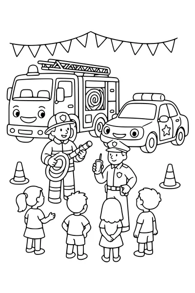 Medium coloring page of original fire and police vehicles at a safety day