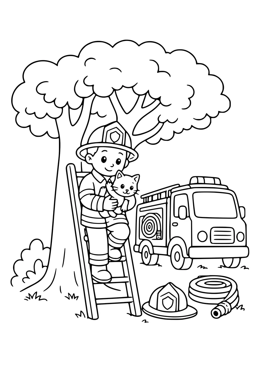 Medium coloring page of a firefighter safely rescuing a kitten from a tree