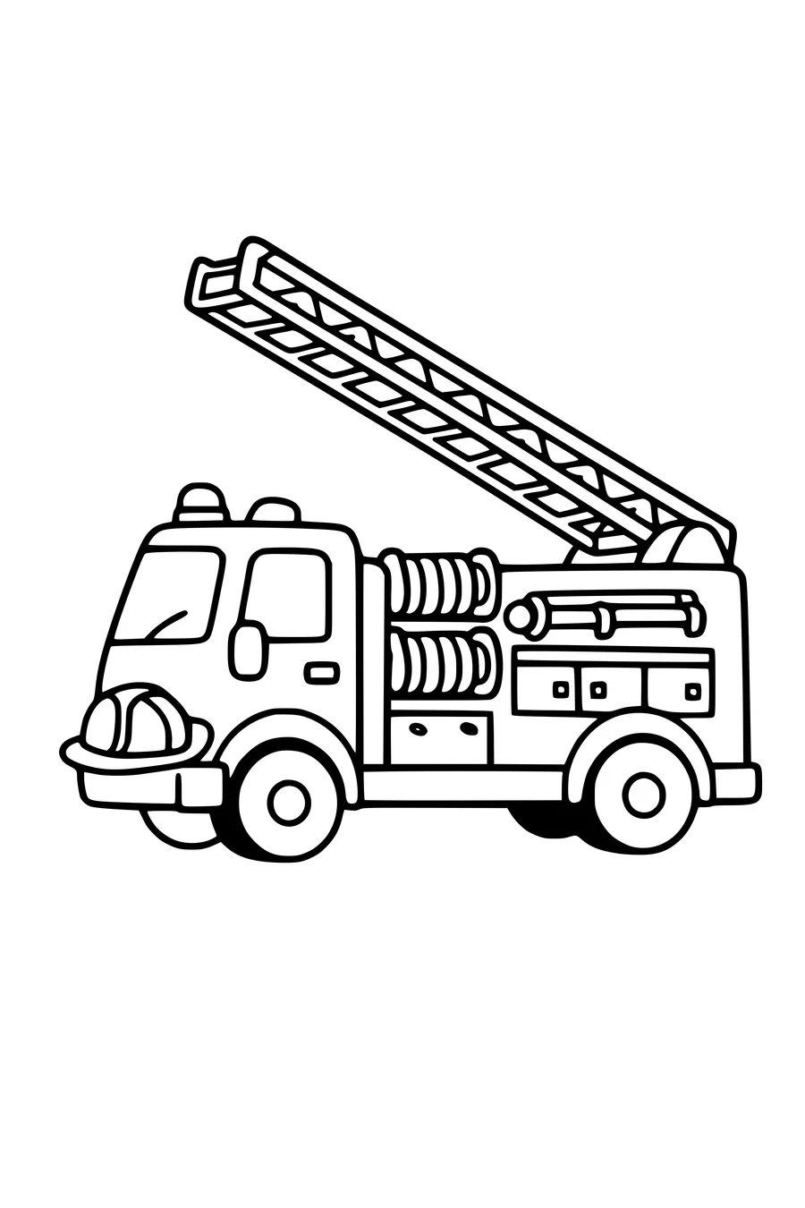 Coloring page of a fire engine with its ladder raised