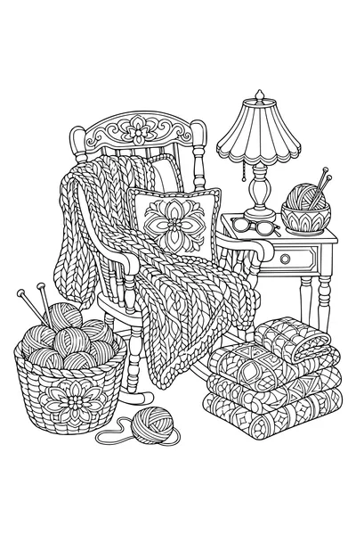 Detailed adult coloring page of a knitting corner with yarn and quilts