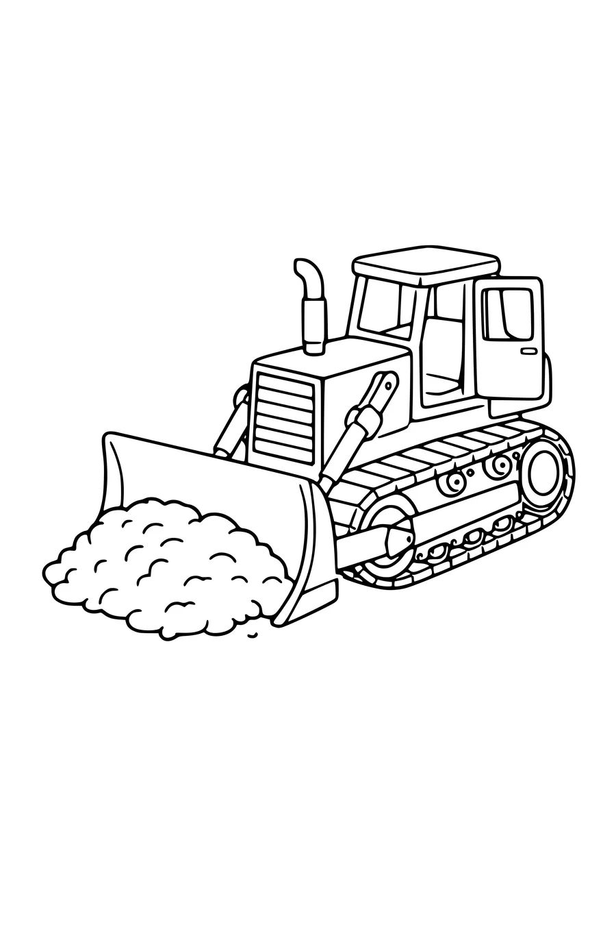Coloring page of a bulldozer pushing earth with its blade down