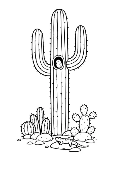 Kleurplaat van een hoge cactus met een nestelende vogel