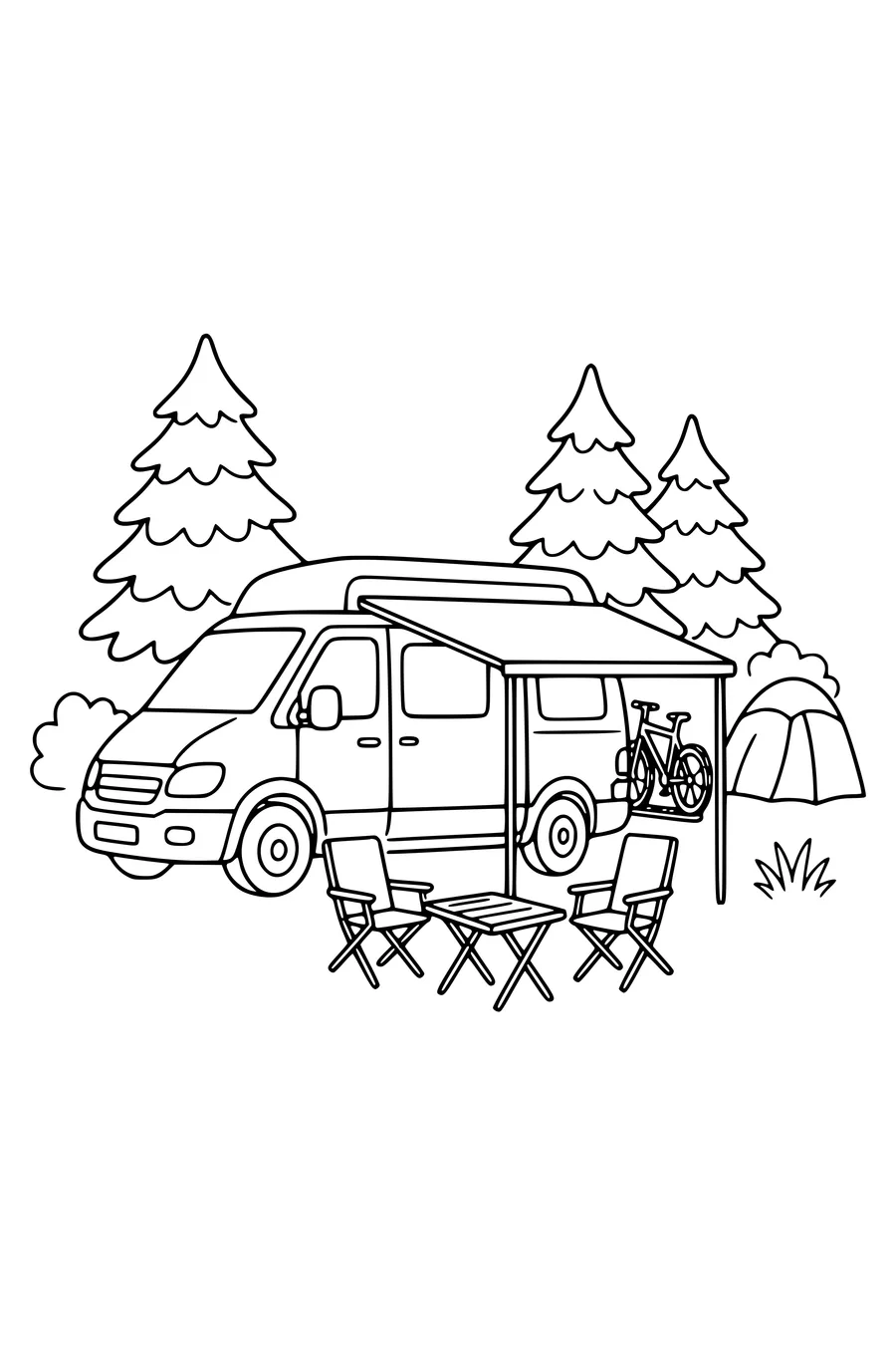 Coloring page of a camper van at a campsite with the awning out