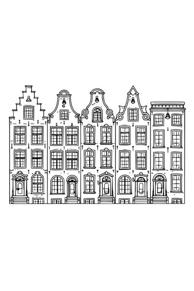 Kleurplaat van vijf Amsterdamse grachtenpanden met verschillende geveltypes