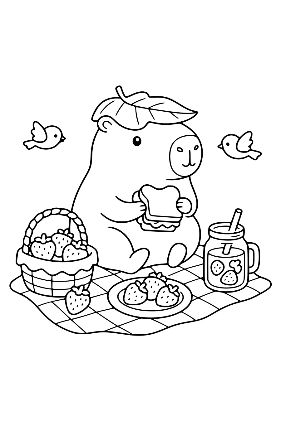 Medium cute coloring page of a capybara having a strawberry picnic