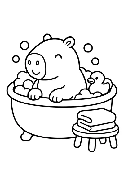 Makkelijke schattige kleurplaat van een capibara in een bubbelbad