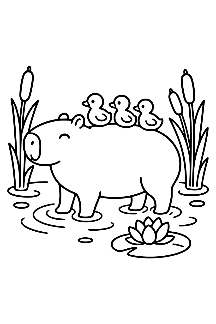 Makkelijke schattige kleurplaat van een capibara met drie eendjes op zijn rug