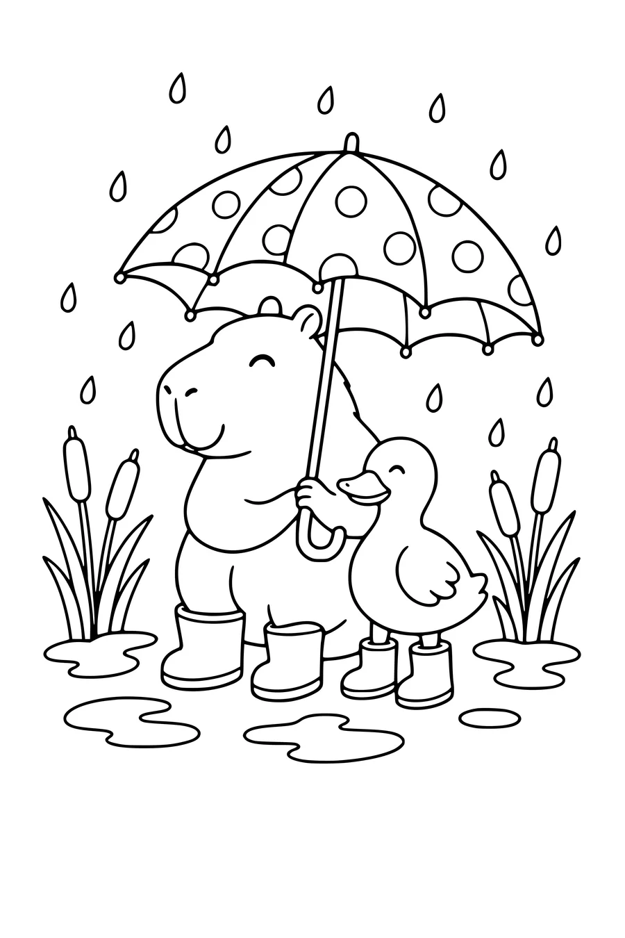Medium cute coloring page of a capybara and duck sheltering under an umbrella