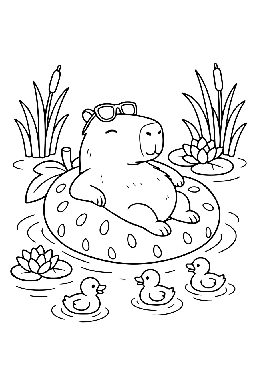 Medium cute coloring page of a capybara relaxing on a fruit-shaped pool float