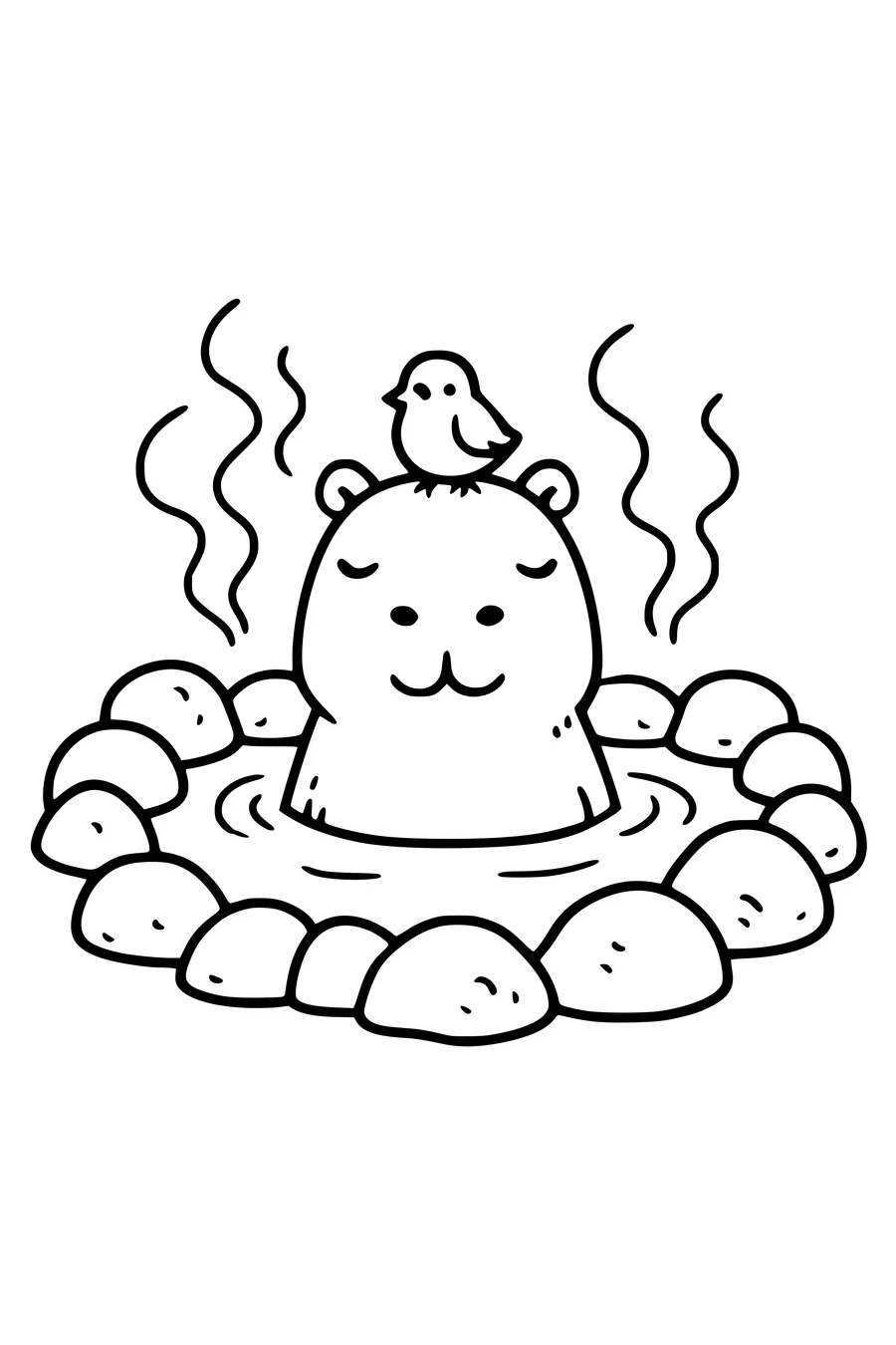 coloriage capybara dans source chaude avec oiseau