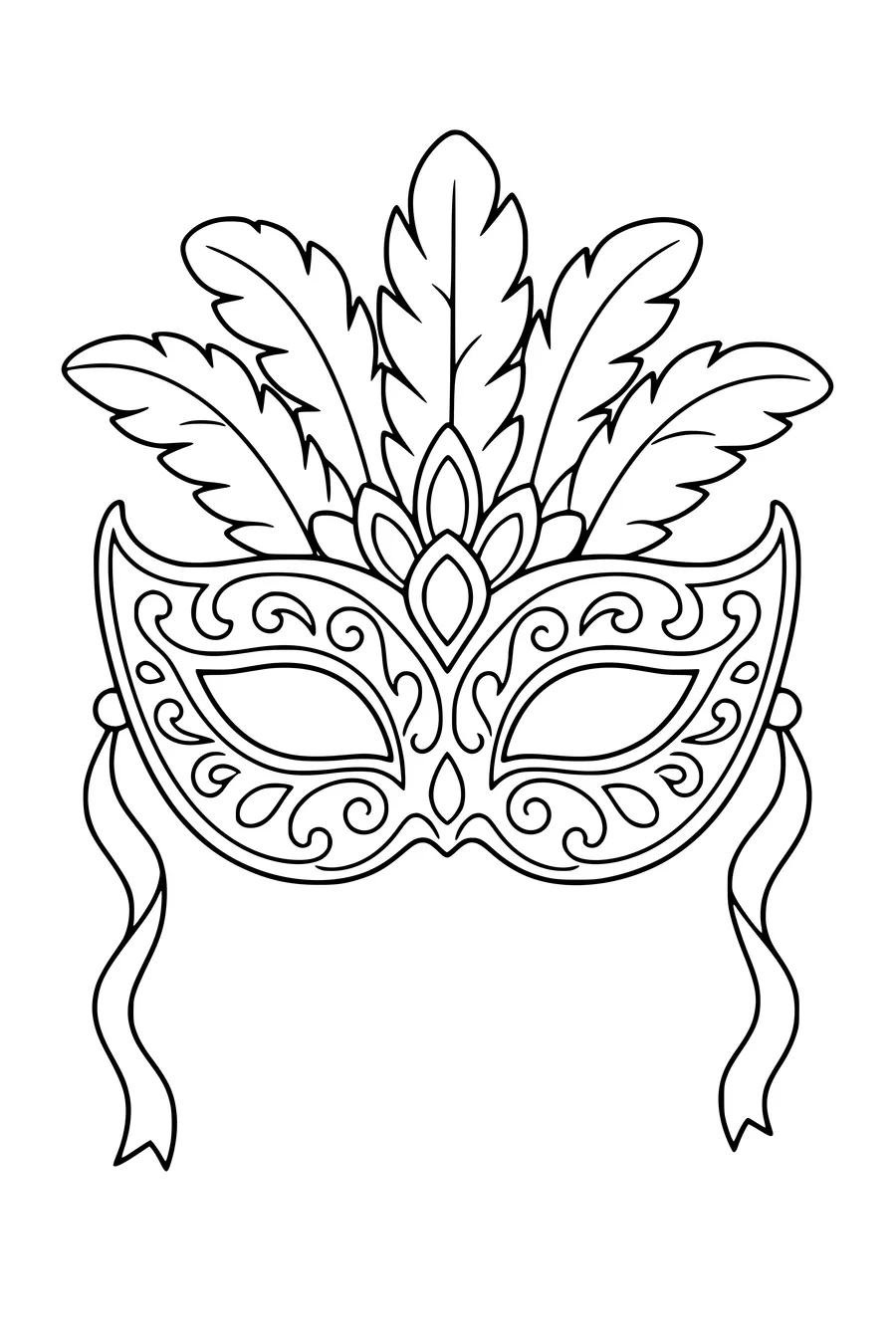 Coloring page of an ornate carnival mask with feathers