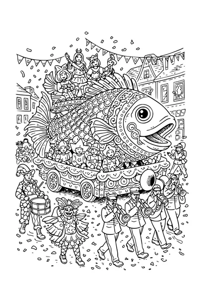 Coloring page of a carnival float shaped like a fish with a brass band