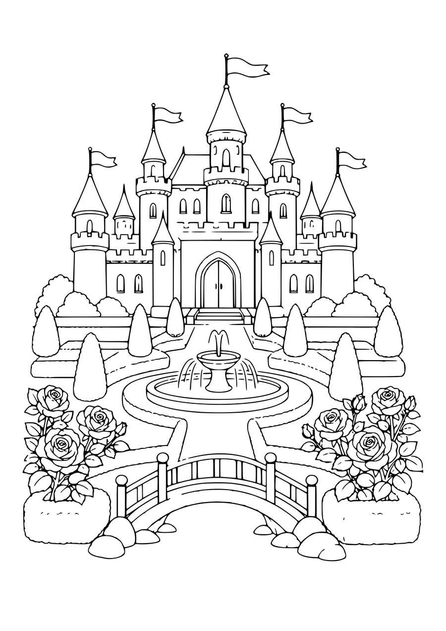 Free castle coloring page: castle garden with fountain