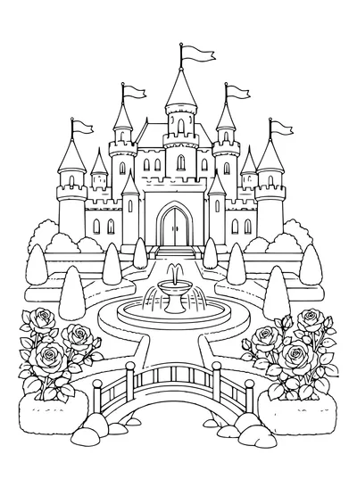 Malvorlage Schloss mit Garten und Brunnen