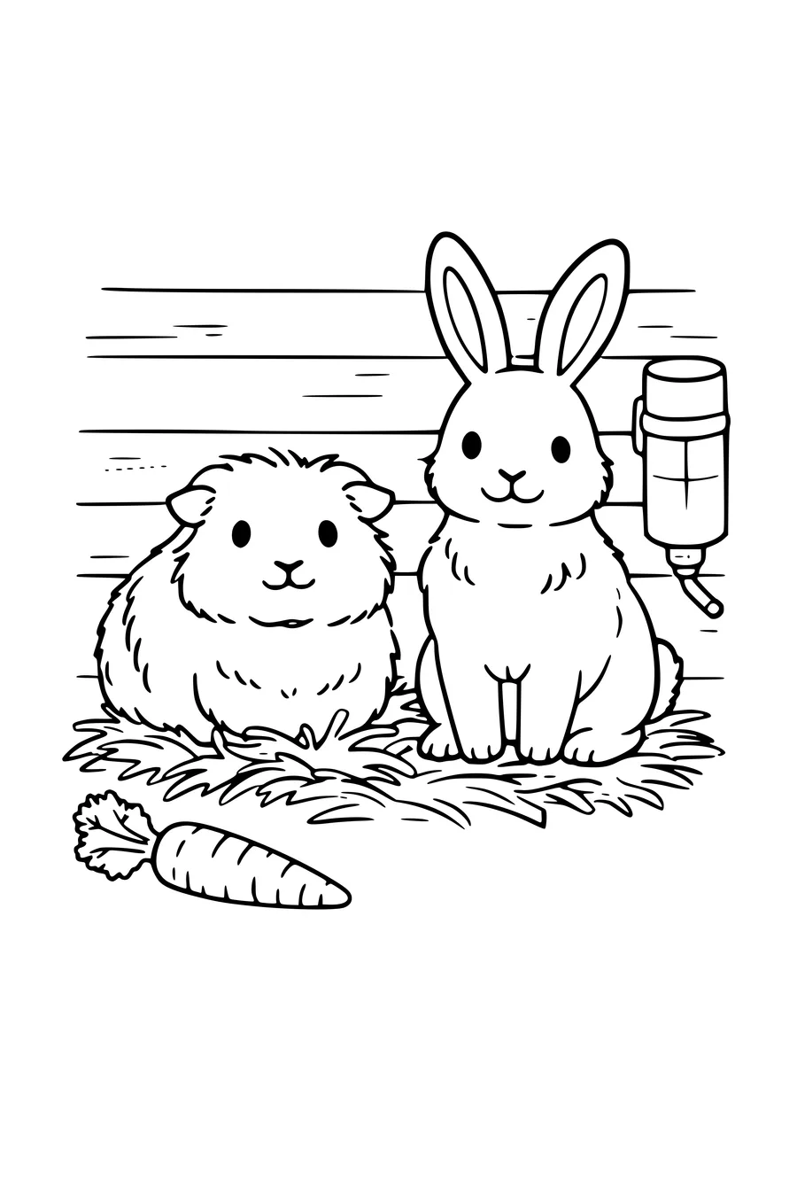 Kleurplaat van een cavia en een konijn in een hok met hooi en een wortel