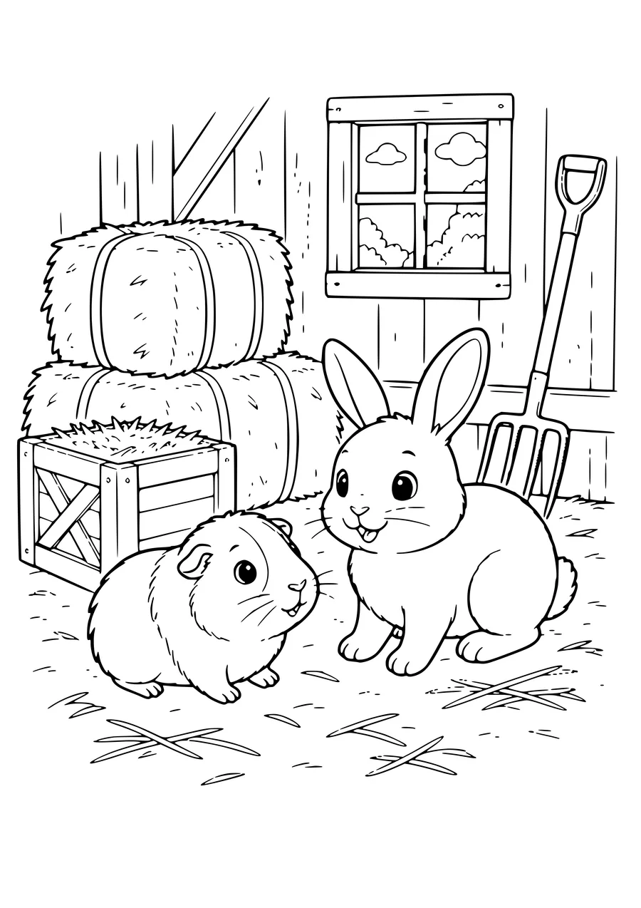 Malvorlage Meerschweinchen und Hase in der Scheune
