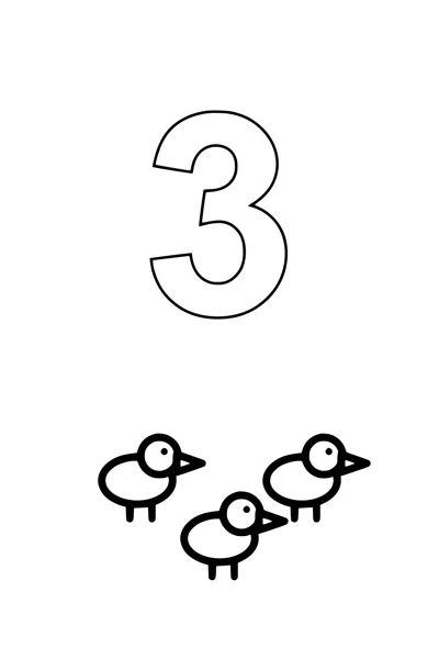 Coloring page of a large numeral 3 with three ducklings