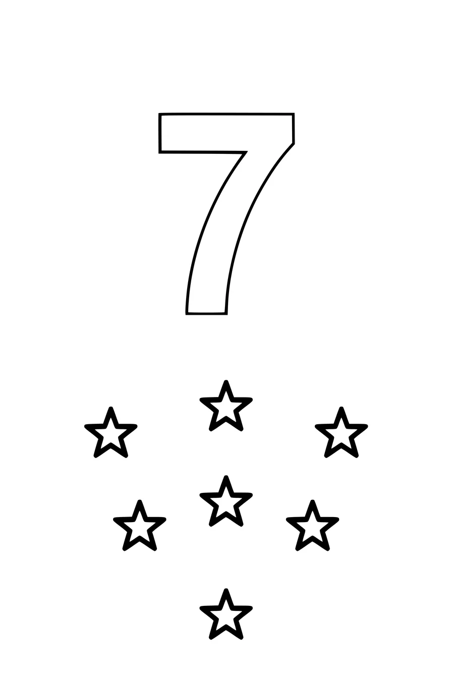 Coloring page of a large numeral 7 with seven stars
