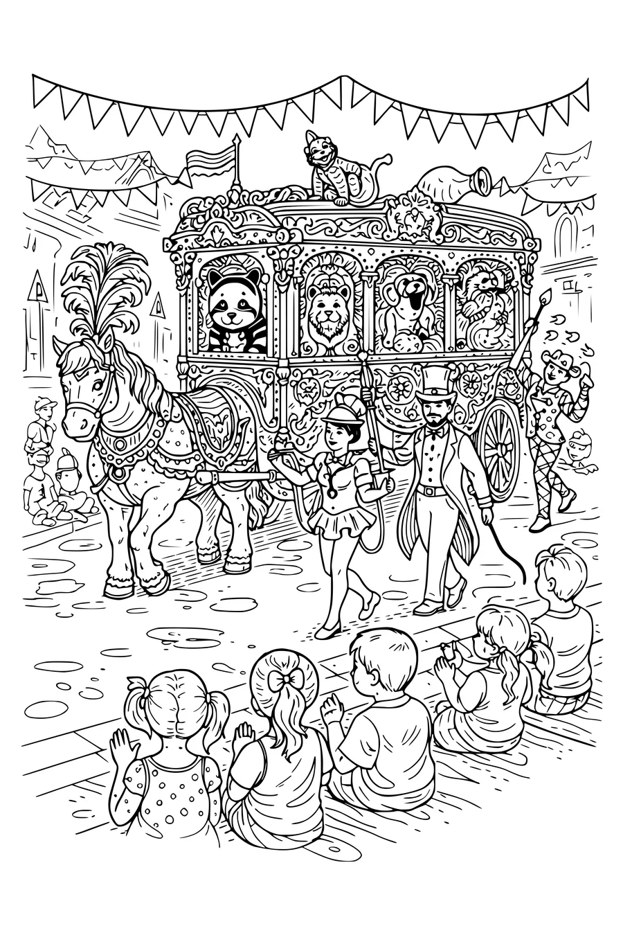 Coloring page of a circus parade with a decorated wagon and performers
