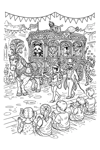 Coloring page of a circus parade with a decorated wagon and performers