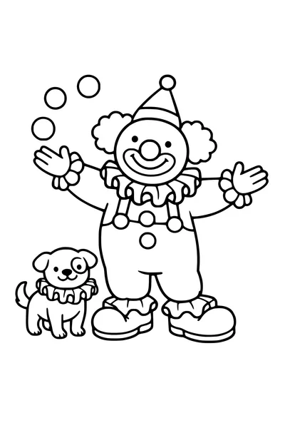 Coloring page of a clown with a ruffled collar and enormous shoes