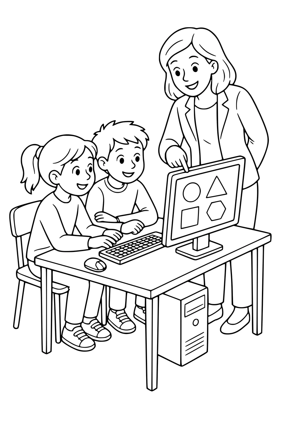 Gratis printbare school kleurplaat van computerles in het klaslokaal in de klas