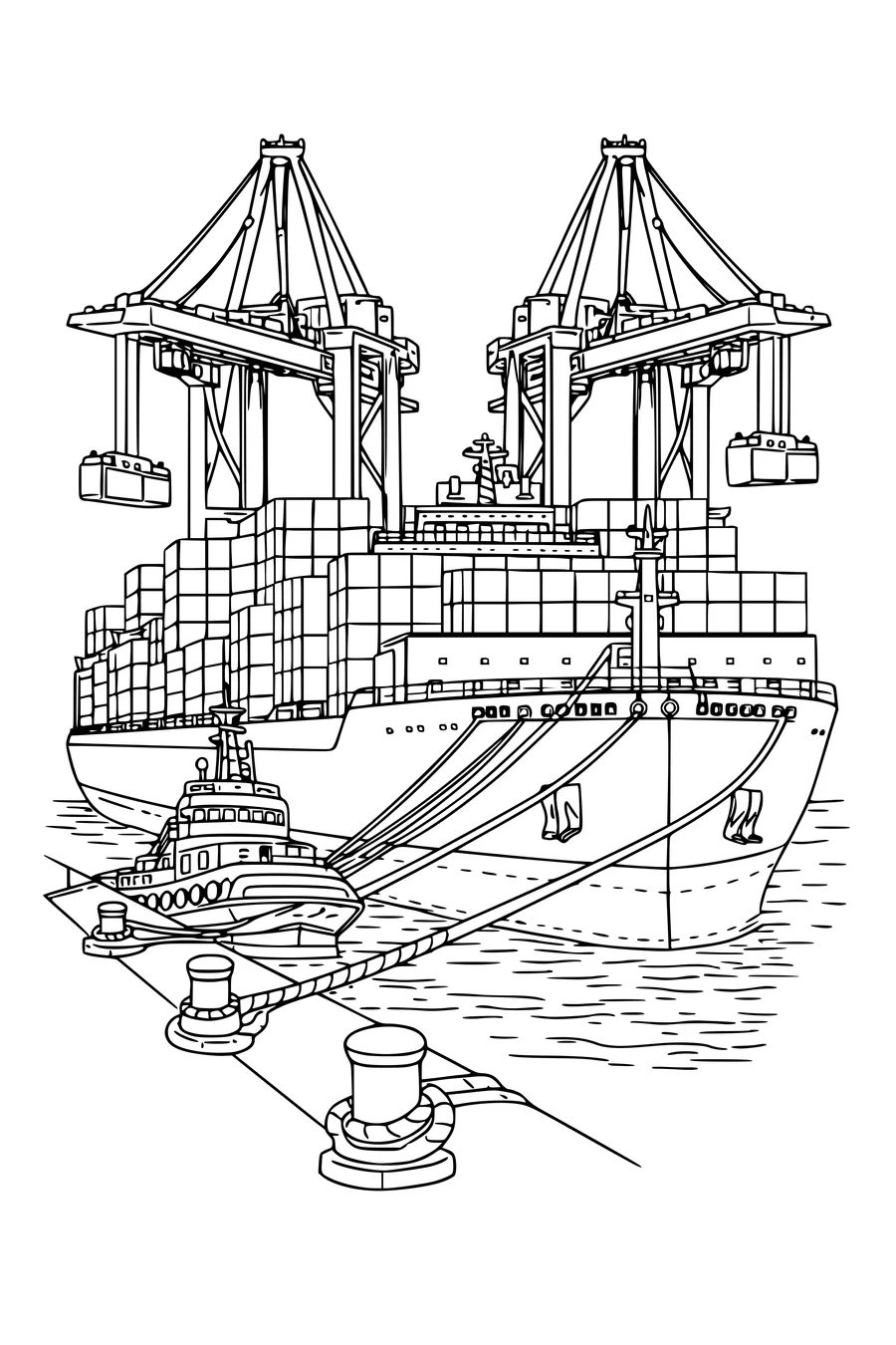 Coloring page of a container ship at a quay with stacked containers